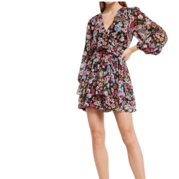 Express Womens Conscious Edit Ruffle Tiered Romper Black Floral Chiffon L New - Picture 1 of 5